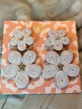 Pink Linen White Floral Drop Earrings